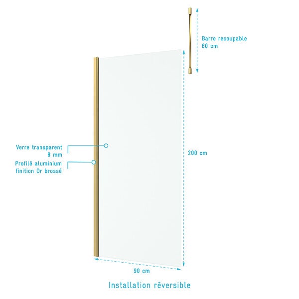 AURLANE - Paroi de Douche 90x200cm Verre 8mm - Profilé + Barre Plafond Finition Or Brossé - FREEDOM 2 GOLD - large