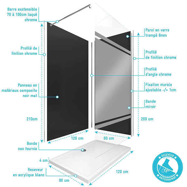 AURLANE - Pack Douche a l'Italienne 90x120 - Kit Panneaux Muraux Noir/Chrome + Receveur + Paroi Miroir 8 mm - large