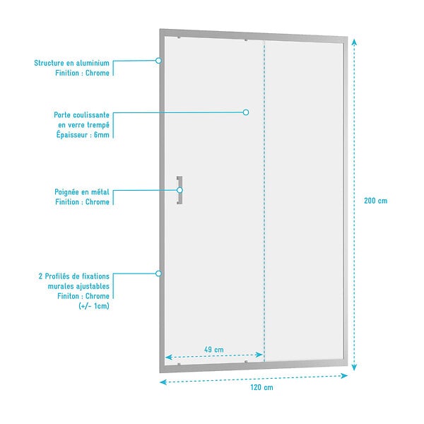 AURLANE - Porte de douche coulissante 120x200 cm - Verre transparent - Profilé Chrome - CHROMED CRUSH - large