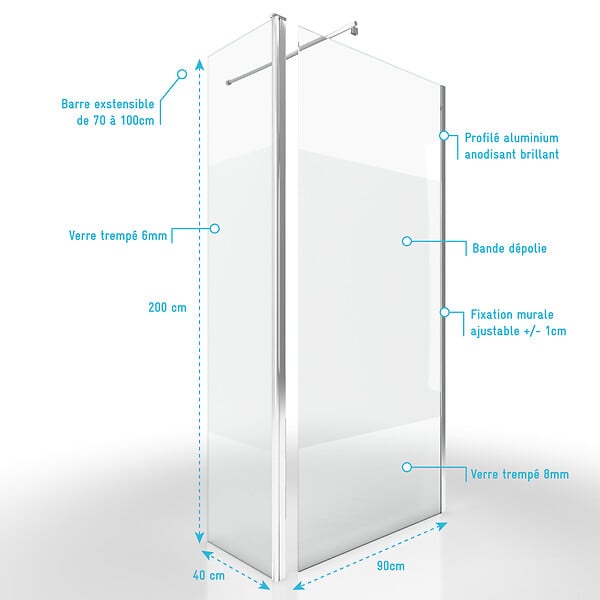 AURLANE - Paroi de Douche et Volet Pivotant 90+40x200 cm - Bande Dépolie - Barre de Fixation Chrome - large