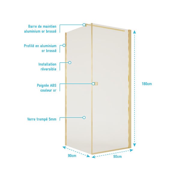 AURLANE - Porte de Douche Pivotante 90x180cm et Retour 90cm - Profil Or Brosse - Verre 5mm - GOLD ELEMENTARY - large