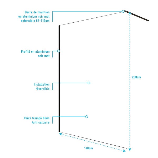 AURLANE - Paroi de Douche 140x200cm en Verre Trempé Transparent 8mm Anticalcaire - Profilé Noir Mat - LINA - large