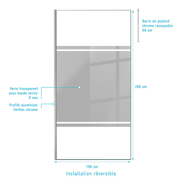 AURLANE - Paroi de Douche 100x200cm Miroir - Profilé + Barre Plafond Finition Chrome - FREEDOM 2 MIRROR - large