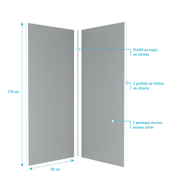 AURLANE - Pack 2 Panneaux muraux Silver 90x210cm avec Profilés Chrome - WALL'IT - large