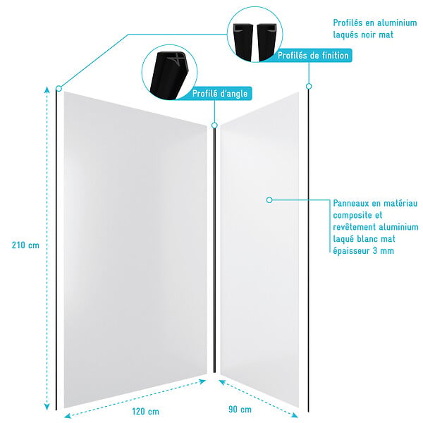 AURLANE - LOT de 2 Panneaux Muraux Aluminium BLANC 90+120x210 cm avec Profilés NOIR MAT - WALL'IT - large