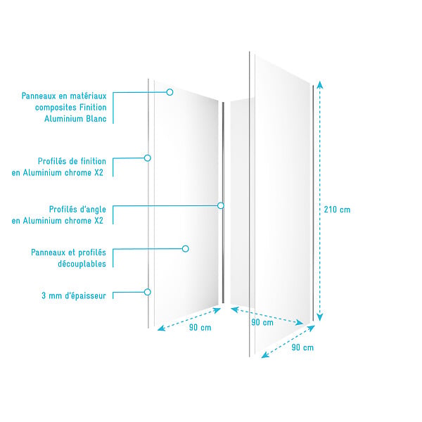 AURLANE - Pack de 3 Panneaux Muraux Aluminium Blanc 90x210 cm avec Profilés Chrome WALL'IT - large