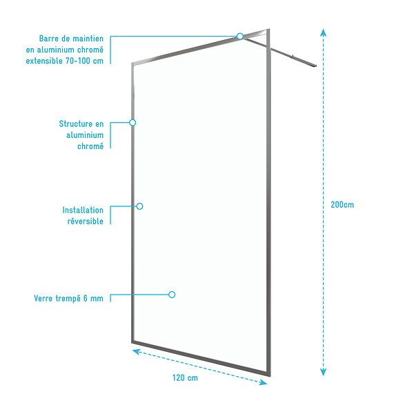 AURLANE - Paroi de Douche 120x200 cm - Cadre et Bras Aluminium Chrome - CHROMED CONTOURING - large