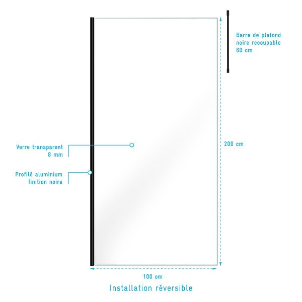 AURLANE - Paroi de Douche 100x200cm Verre Transparent - Profilé + Barre Plafond Noire - FREEDOM 2 BLACK - large