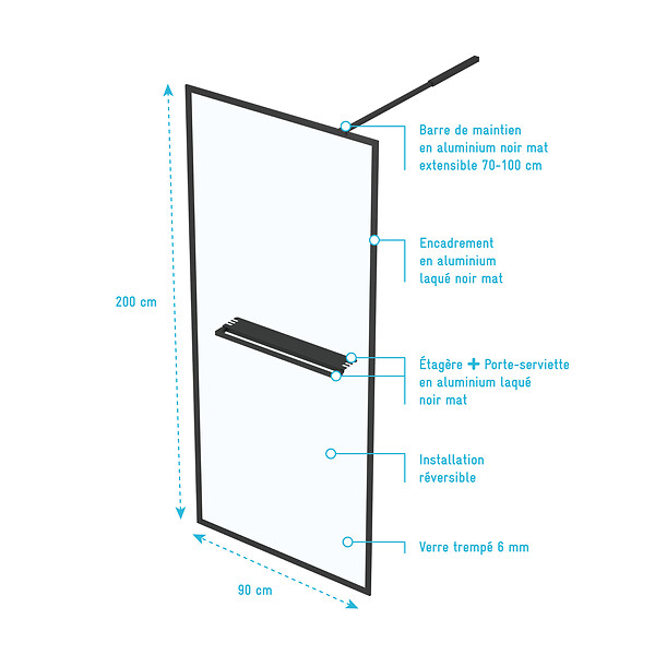 AURLANE - Paroi de Douche Noir Mat 90x200cm - Porte-serviette et étagère - DARK CONTOURING SHELF - large