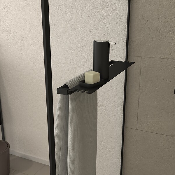 AURLANE - Paroi de Douche Noir Mat 90x200cm - Porte-serviette et étagère - DARK CONTOURING SHELF - large