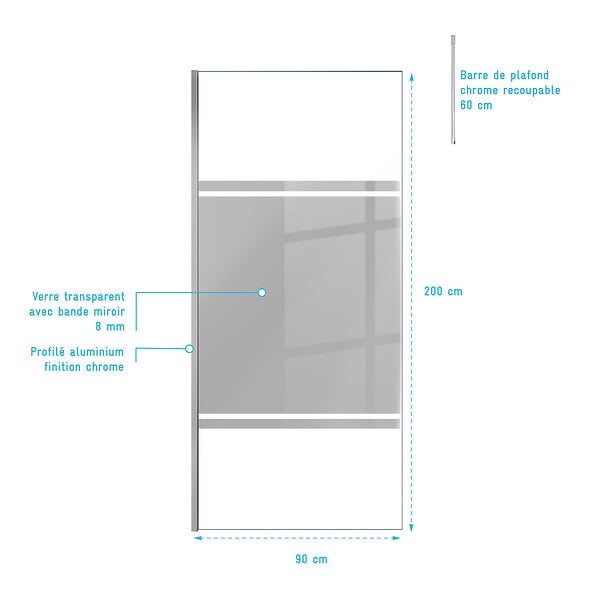 AURLANE - Paroi de Douche 90x200cm Miroir - Profilé + Barre Plafond Finition Chrome - FREEDOM 2 MIRROR - large