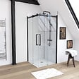 AURLANE - Porte de douche coulissante type industriel ouverture d'angle profiles noir mat - verre trempe 8mm - vignette