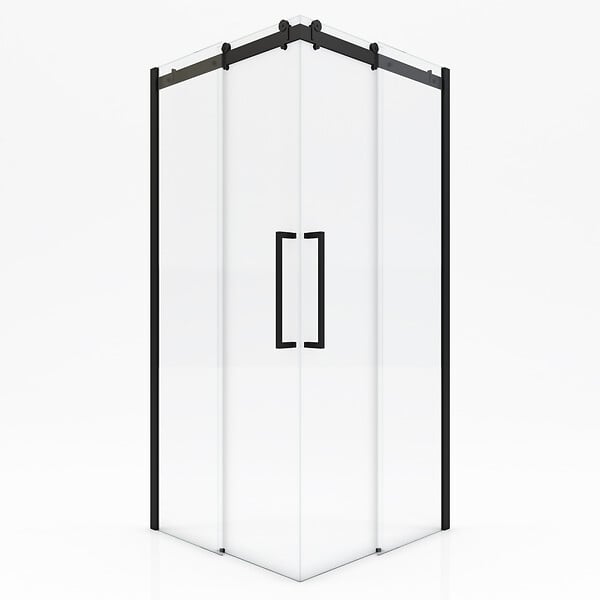 AURLANE - Porte de douche coulissante type industriel ouverture d'angle profiles noir mat - verre trempe 8mm - large