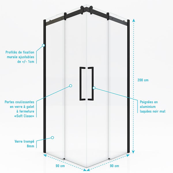 AURLANE - Porte de douche coulissante type industriel ouverture d'angle profiles noir mat - verre trempe 8mm - large