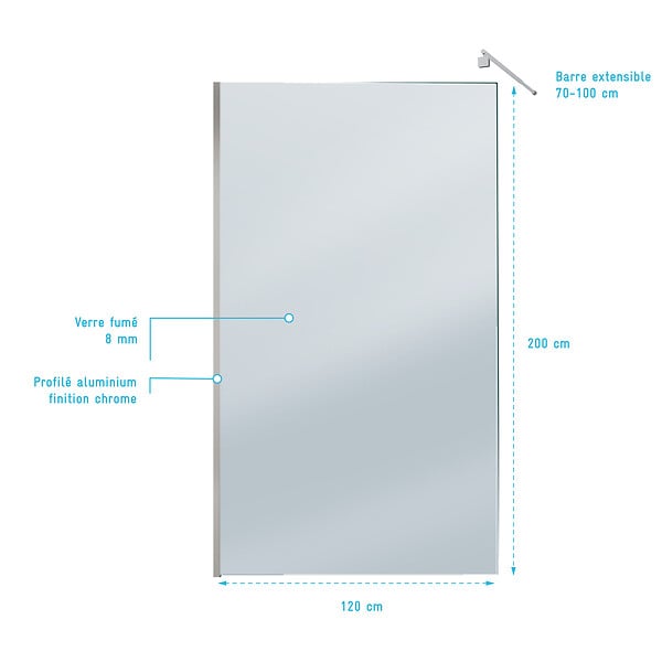 AURLANE - Paroi de Douche 120x200cm Verre Fumé 8mm - Barre de Fixation Extensible et Profil Chrome - large