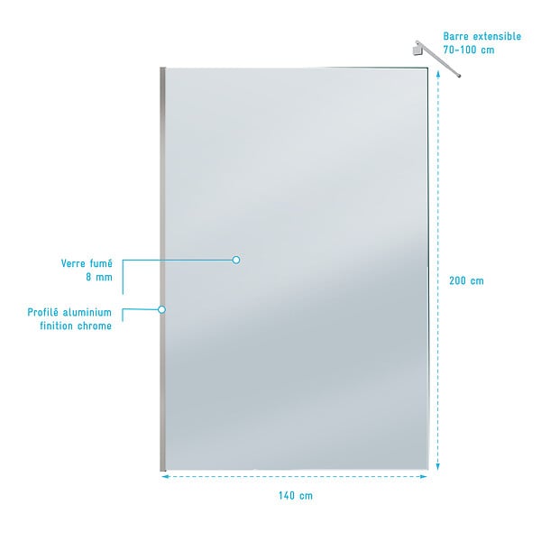 AURLANE - Paroi de Douche 140x200cm Verre Fumé 8mm - Barre de Fixation Extensible et Profil Chrome - large