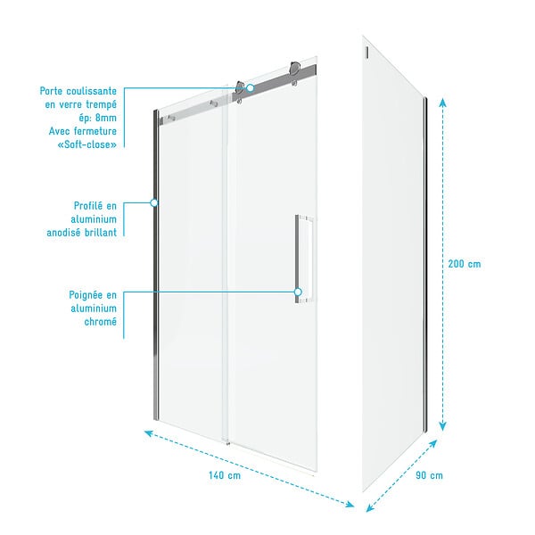 AURLANE - Porte de douche coulissante + retour 140X90cm - RAILROAD CHROMED 140 FRONT-90 - large