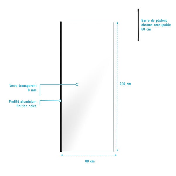 AURLANE - Paroi de Douche 80x200cm Verre Transparent - Profilé + Barre Plafond Noire - FREEDOM 2 BLACK - large