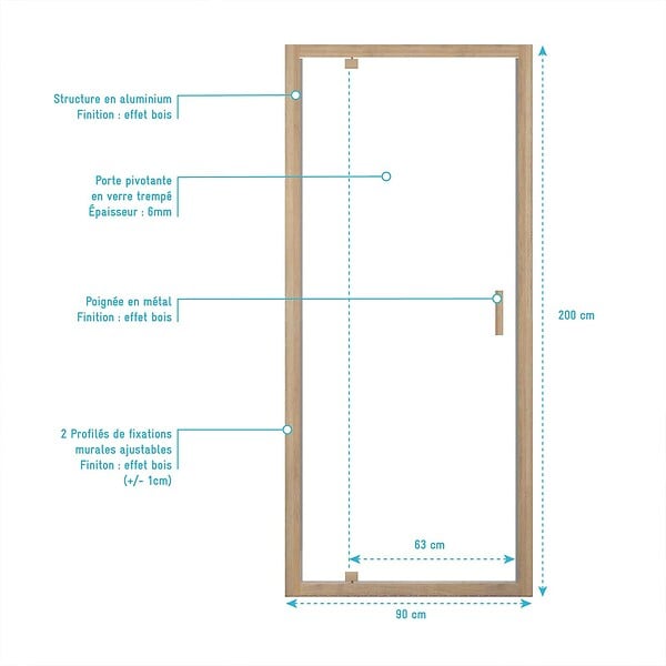 AURLANE - Porte de douche Pivotante 90x200cm - Profilés Aluminium effet Bois - Verre 6mm - WOOD CRUSH - large
