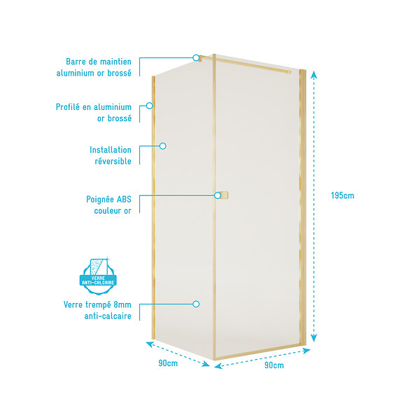 AURLANE - Porte de Douche Pivotante 90x195cm et Retour 90cm - Verre 8mm Anticalcaire - Profil Or Brosse - large