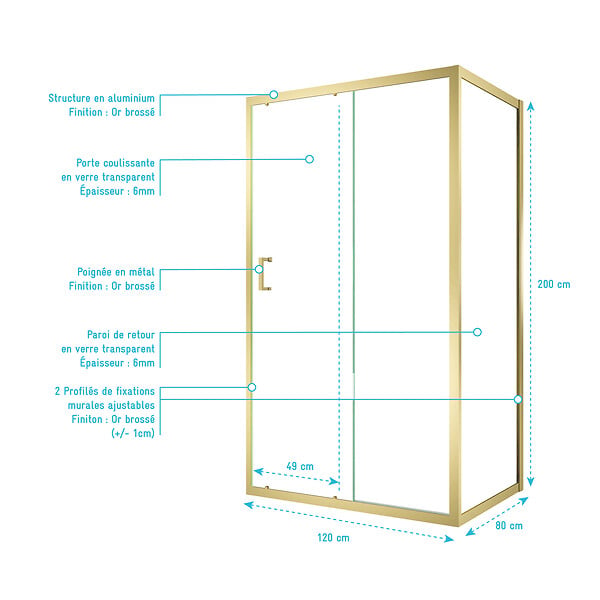 AURLANE - Pack Porte de Douche Coulissante 120x200cm et Retour 80cm - Profilés Or Doré Brossé - Verre 6mm - large