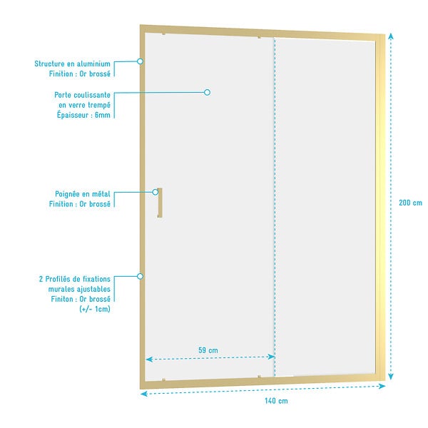 AURLANE - Porte de douche Coulissante 140x200cm - Profilés Or Doré Brossé - Verre Trempé 6mm - GOLDY CRUSH - large