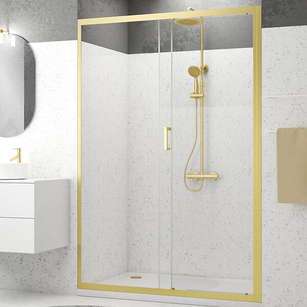 AURLANE - Porte de douche Coulissante 140x200cm - Profilés Or Doré Brossé - Verre Trempé 6mm - GOLDY CRUSH - large