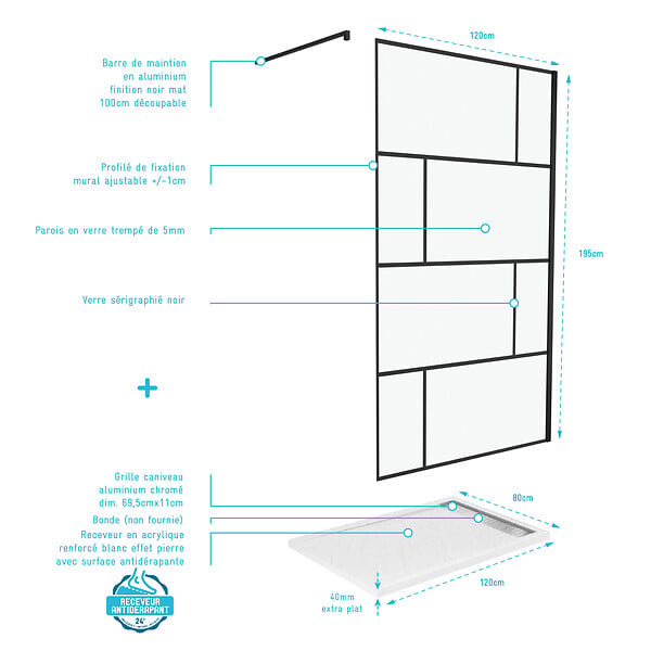 AURLANE - Pack Paroi de douche 120x195 cm + receveur en acrylique blanc effet pierre 120x80 cm - large