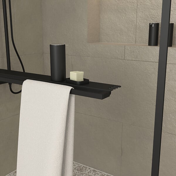 AURLANE - Paroi de Douche Noir Mat 140x200cm - Porte-serviette et étagère - DARK CONTOURING SHELF - large