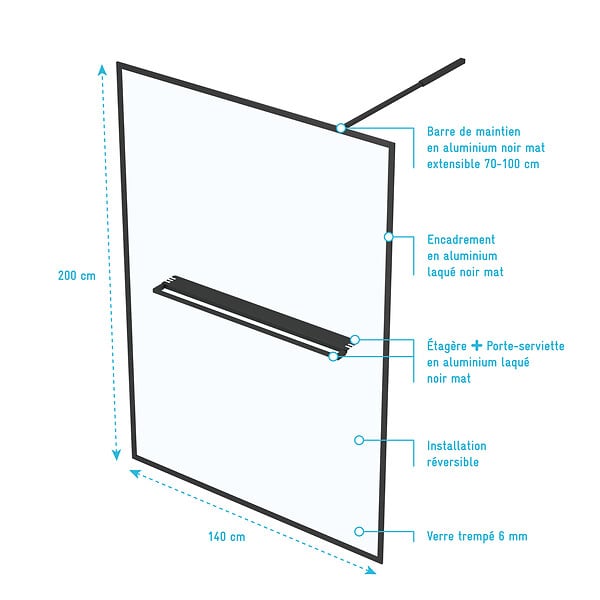AURLANE - Paroi de Douche Noir Mat 140x200cm - Porte-serviette et étagère - DARK CONTOURING SHELF - large