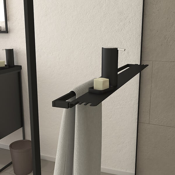 AURLANE - Paroi de Douche Noir Mat 140x200cm - Porte-serviette et étagère - DARK CONTOURING SHELF - large