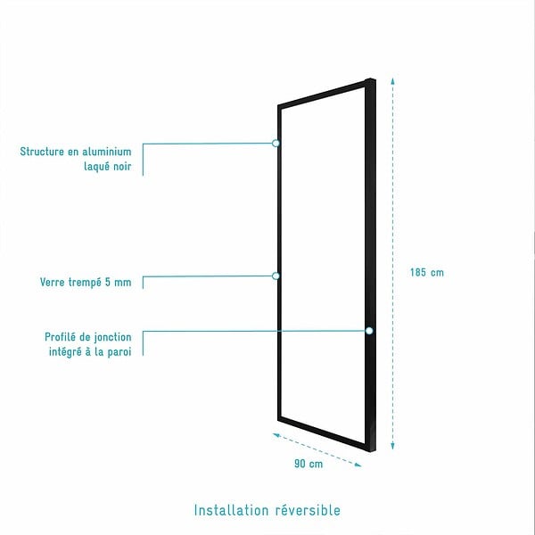 AURLANE - Paroi Retour porte de douche Noir 90x185cm - BLACK SLIDE - large