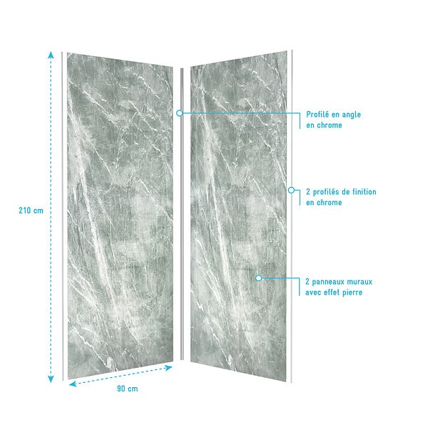 AURLANE - Pack de 2 Panneaux Muraux Pierre Artic Green 90+90x210 cm avec Profilés ANODISE BRILLANT - STONE'IT - large