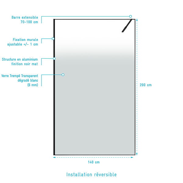 AURLANE - Paroi de douche 140x200cm - Verre degrade blanc effet brume - Encadrement noir mat - NEPHELIE - large