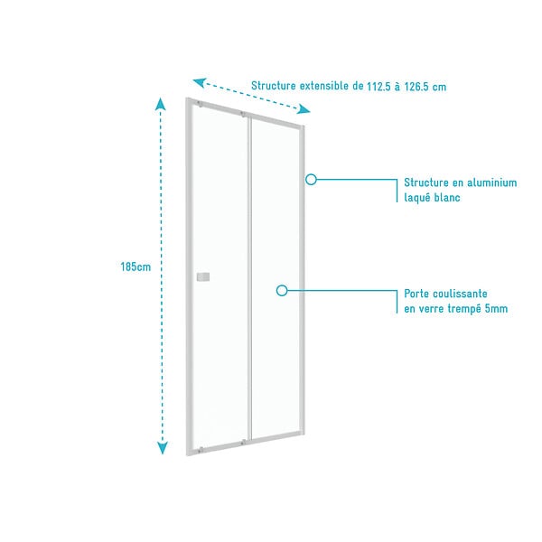 AURLANE - Porte de douche coulissante blanc 120x185cm - extensible - WHITY slide 120 - large