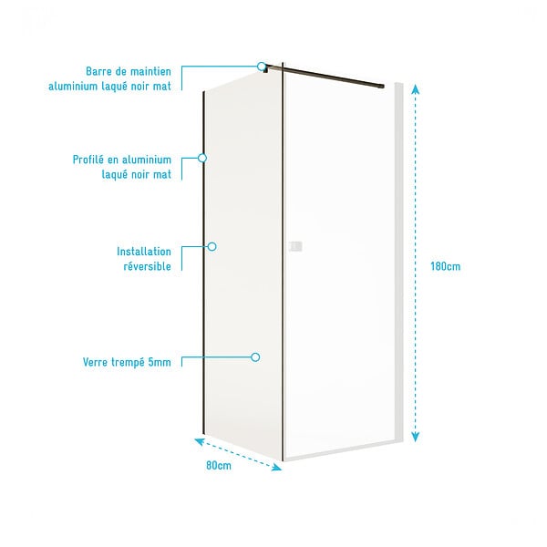 AURLANE - Paroi de retour 80x180 cm pour Porte de Douche - Verre Trempe 5mm - Finition Noire - DARK ELEMENTARY - large