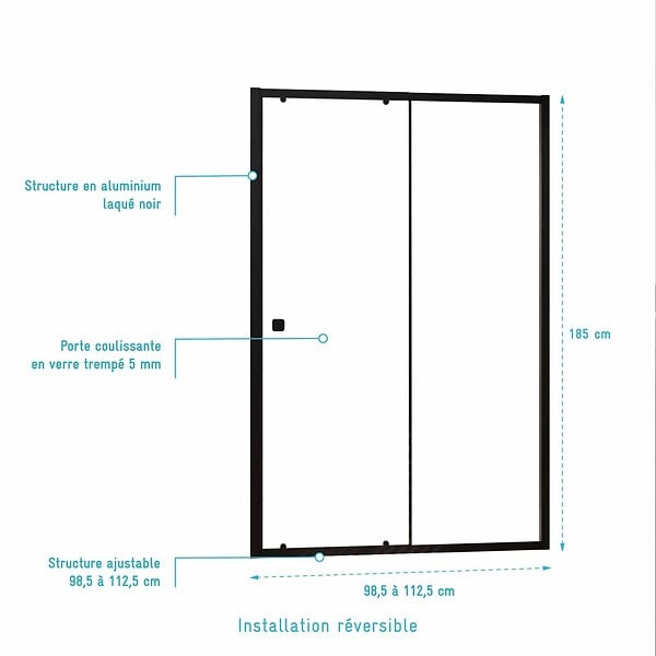AURLANE - Porte de douche Coulissante Noir 100x185cm - Extensible de 98.5 à 112.5cm - BLACK SLIDE 100 - large