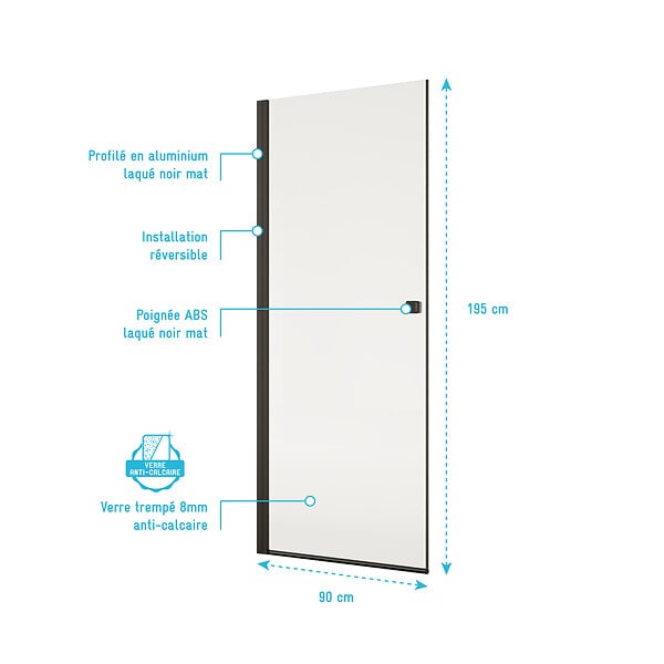 AURLANE - Porte de Douche Pivotante 90x195cm - Verre Trempe 8mm Anticalcaire - Alu Noir - DARK ELEMENTARY - large