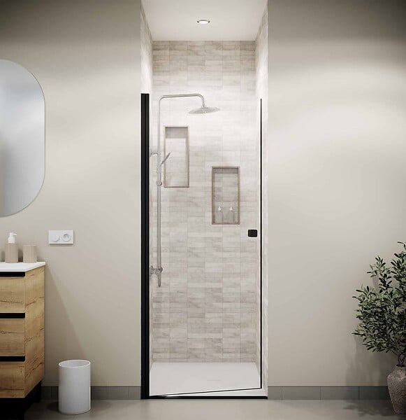 AURLANE - Porte de Douche Pivotante 90x195cm - Verre Trempe 8mm Anticalcaire - Alu Noir - DARK ELEMENTARY - large