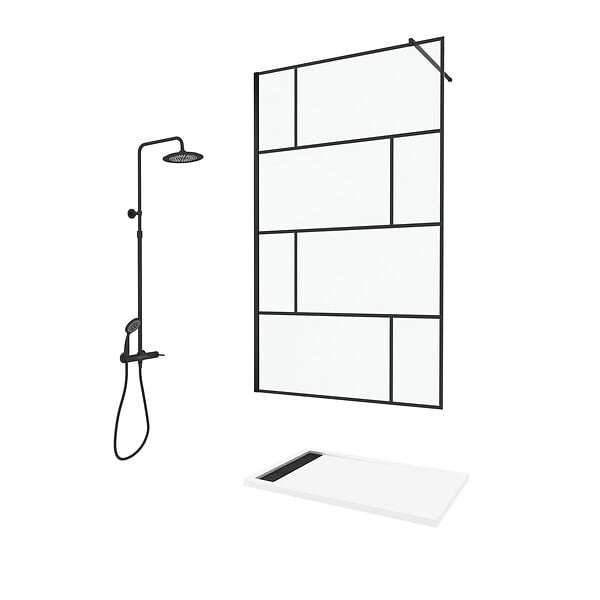 AURLANE - Paroi de Douche 120 cm Sérigraphie Noire et Receveur Blanc 80x120 + Colonne de Douche Mécanique - large