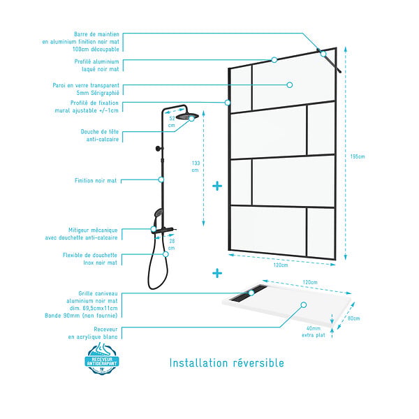 AURLANE - Paroi de Douche 120 cm Sérigraphie Noire et Receveur Blanc 80x120 + Colonne de Douche Mécanique - large