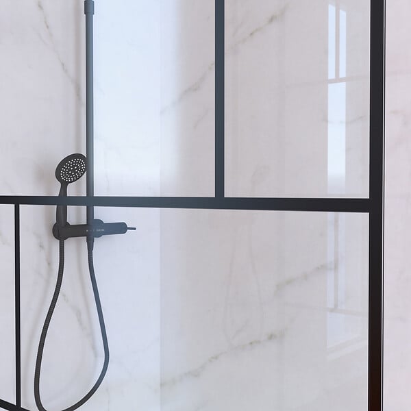 AURLANE - Paroi de Douche 120 cm Sérigraphie Noire et Receveur Blanc 80x120 + Colonne de Douche Mécanique - large