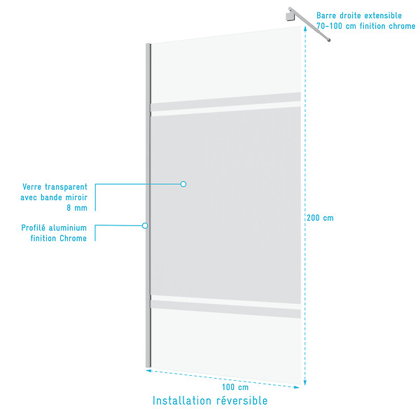 AURLANE - Paroi de Douche 100x200cm - Bande Miroir - Barre de Fixation Extensible et Profil Chrome - large