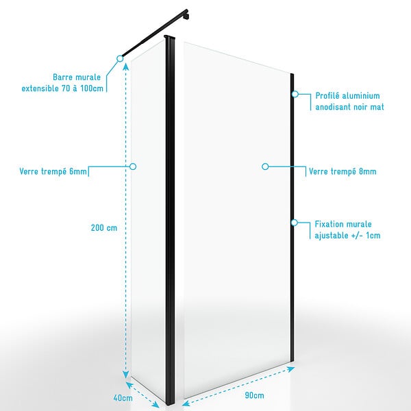 AURLANE - Paroi de Douche et Volet Pivotant 90+40x200 cm - Verre Transparent - Barre de Fixation Noire - large