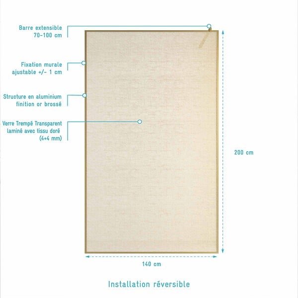 AURLANE - Paroi de douche 140x200cm - Verre feuilleté avec tissu doré - Encadrement Or Brossé - COUTURE - large