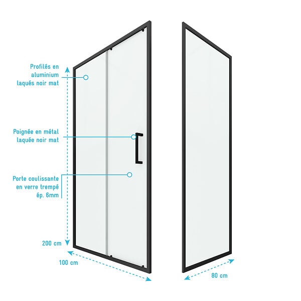 AURLANE - Porte de douche + Retour 100x80x200 cm - Verre 6 mm - Profilé Noir - CRUSH - large