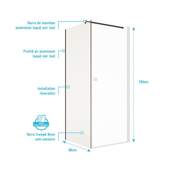 AURLANE - Retour pour Porte de Douche 80x195cm Verre Trempe 8mm Anticalcaire - Alu Noir - DARK ELEMENTARY - large