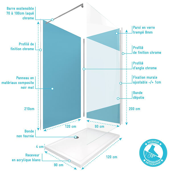 AURLANE - Pack Douche a l'Italienne 90x120 - Kit Panneaux Muraux Bleu/Chrome + Receveur + Paroi Depolie 8 mm - large