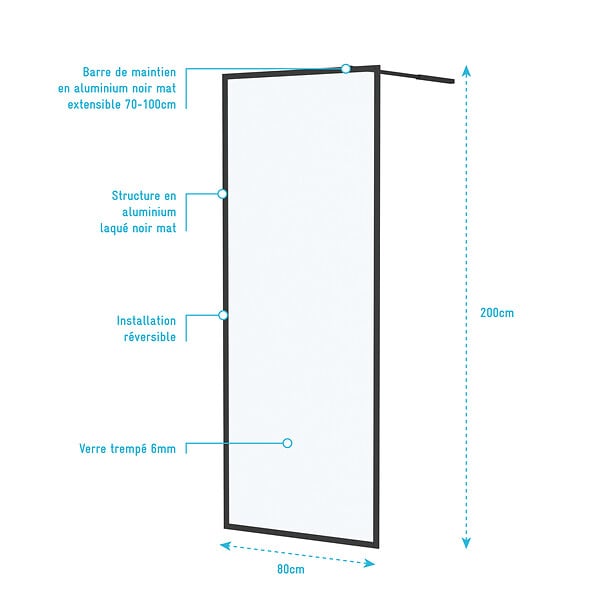 AURLANE - Paroi de Douche 80x200 cm - Cadre et Bras Aluminium NOIR MAT - DARK CONTOURING - large