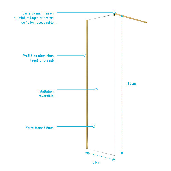 AURLANE - Paroi de Douche 60x195 cm en Verre Trempé 5 mm - Finition Or Brossé - GOLD ELEMENTARY - large